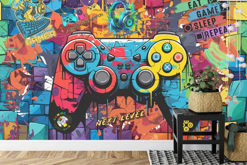 Gaming Kids Room Wallpaper Mural, Game Controller Art Print