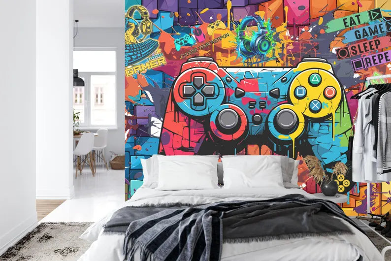 Gaming Kids Room Wallpaper Mural, Game Controller Art Print