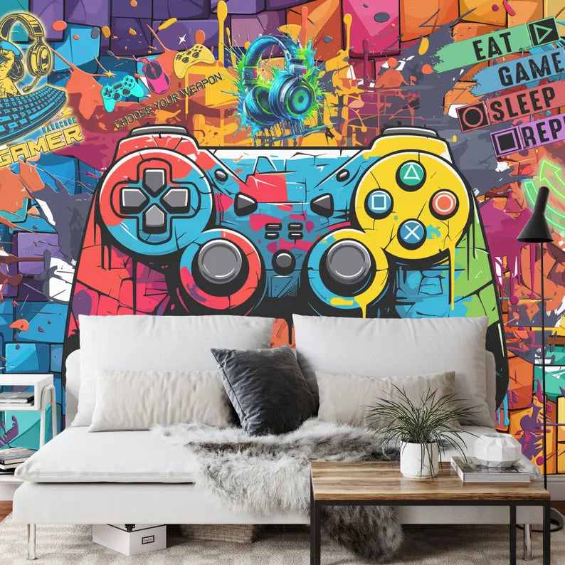 Gaming Kids Room Wallpaper Mural, Game Controller Art Print