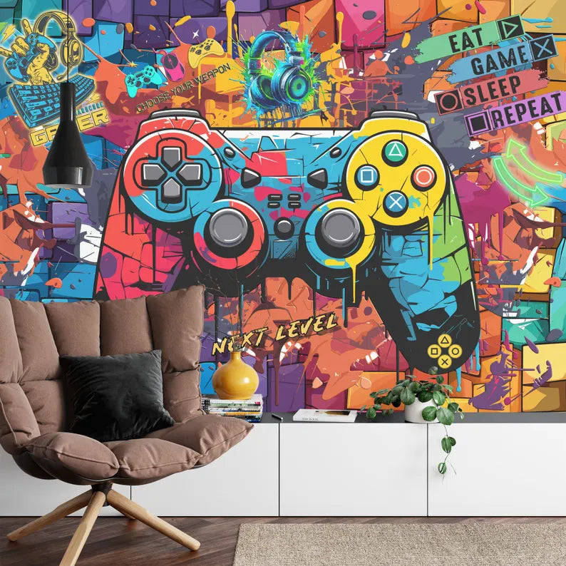 Gaming Kids Room Wallpaper Mural, Game Controller Art Print