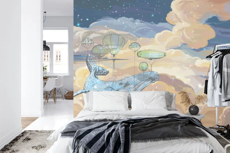 Starry Sky Whale Mural, Kids Nursery Wallpaper Gift