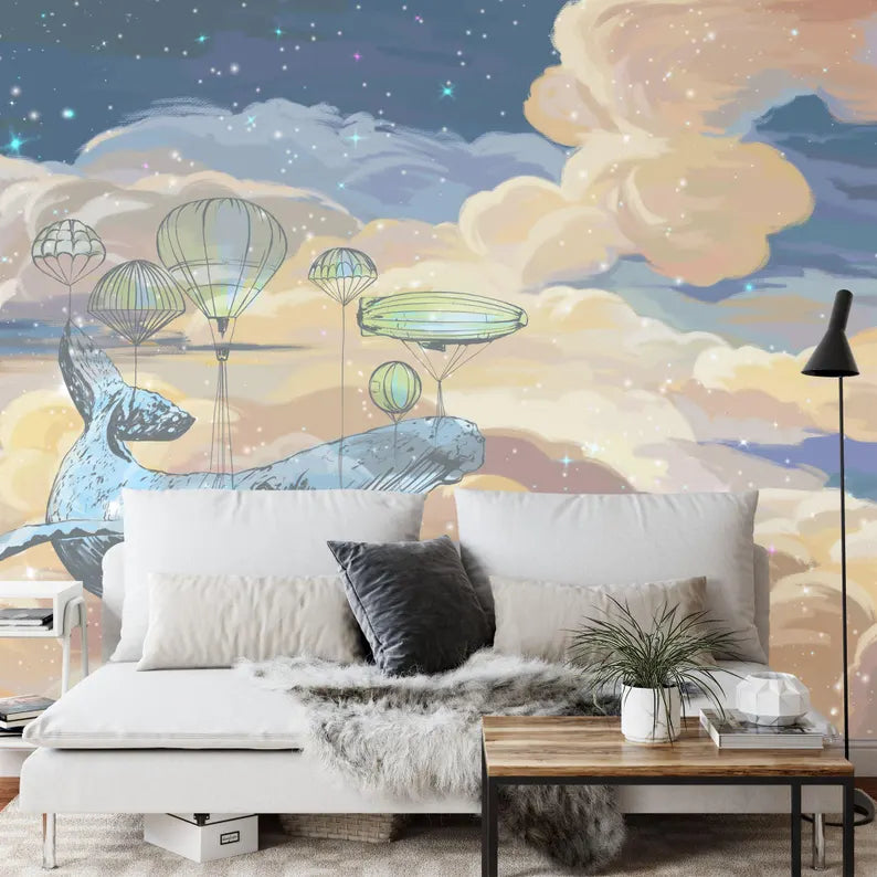 Starry Sky Whale Mural, Kids Nursery Wallpaper Gift