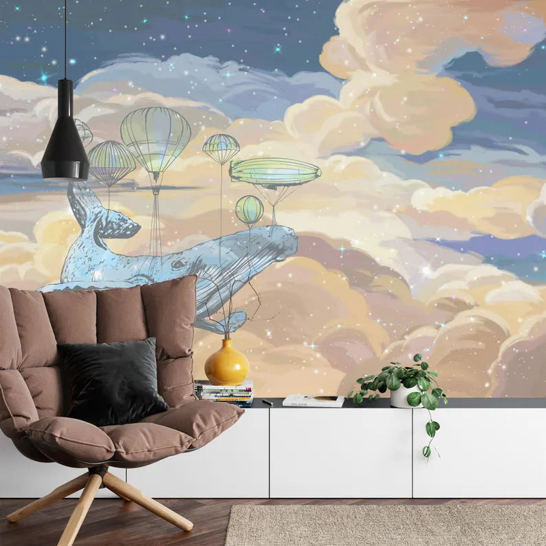 Starry Sky Whale Mural, Kids Nursery Wallpaper Gift
