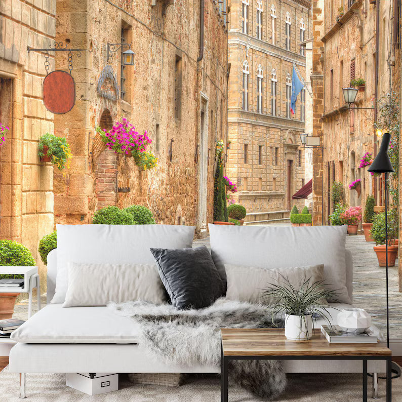 Tuscany Street Scene Wallpaper Mural, Pienza Italy