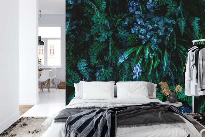 Mystic Jungle Wallpaper Mural: Dark Blue, Green Floral