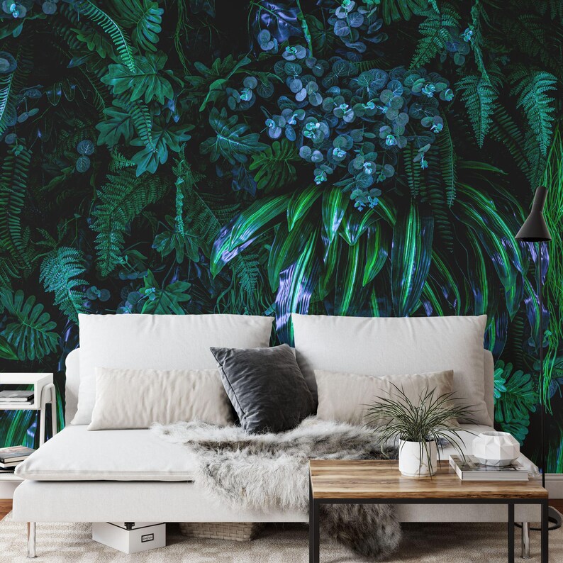 Mystic Jungle Wallpaper Mural: Dark Blue, Green Floral