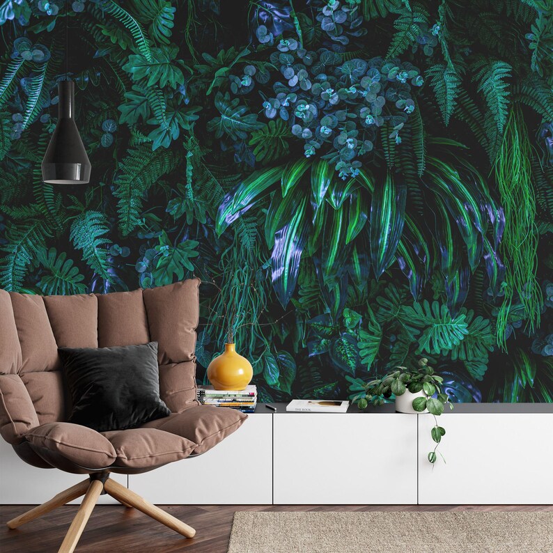 Mystic Jungle Wallpaper Mural: Dark Blue, Green Floral