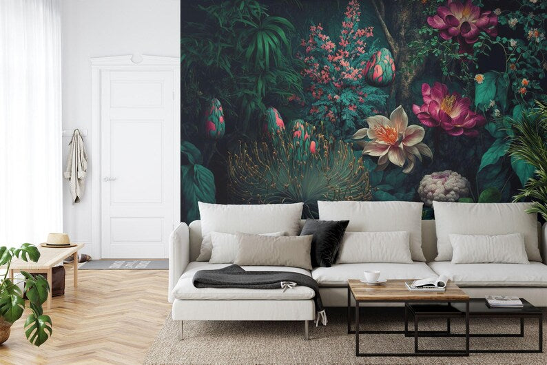 Dark Baroque Botanical Mural, Vintage Jungle Wallpaper
