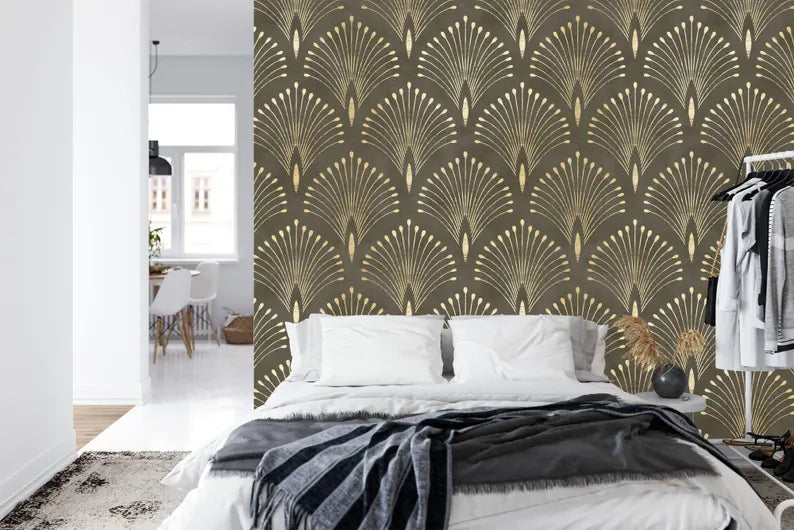 Art Deco Peacock Feather Wallpaper Mural Art Print