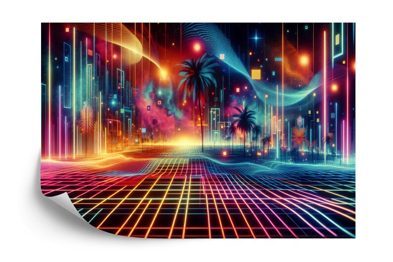 Neon Gaming Room Mural, 80s Vaporwave, Peel and Stick