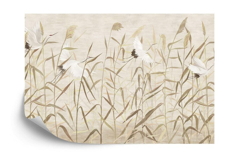 Reeds and Storks Wallpaper Mural, Hand-Drawn Art Print