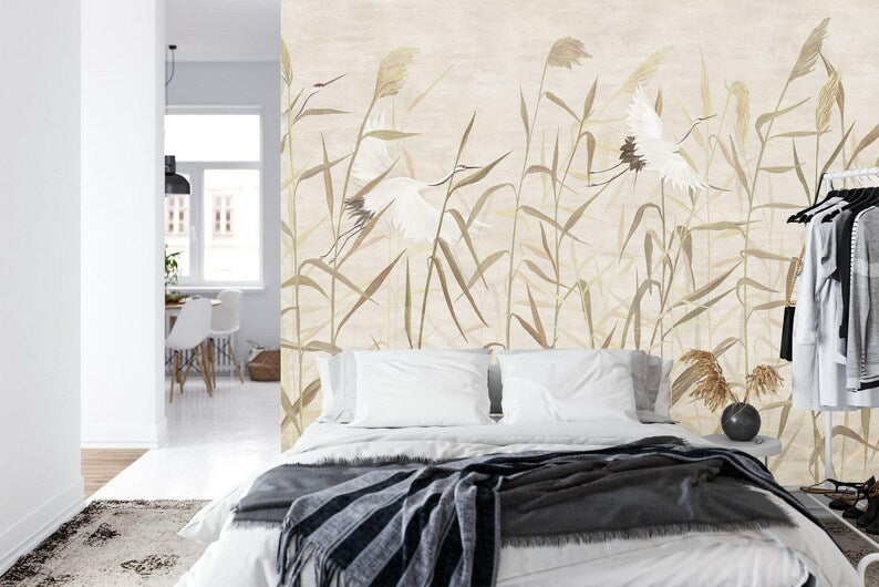 Reeds and Storks Wallpaper Mural, Hand-Drawn Art Print