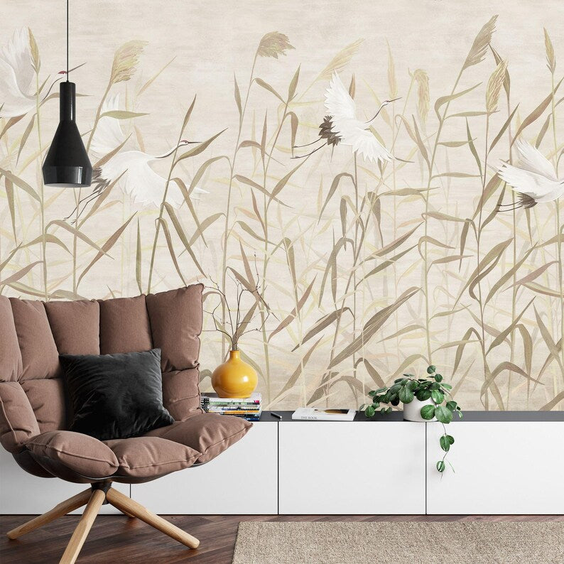 Reeds and Storks Wallpaper Mural, Hand-Drawn Art Print