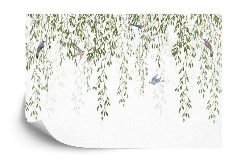 Tropical Leaves Birds Wallpaper Mural, White Background