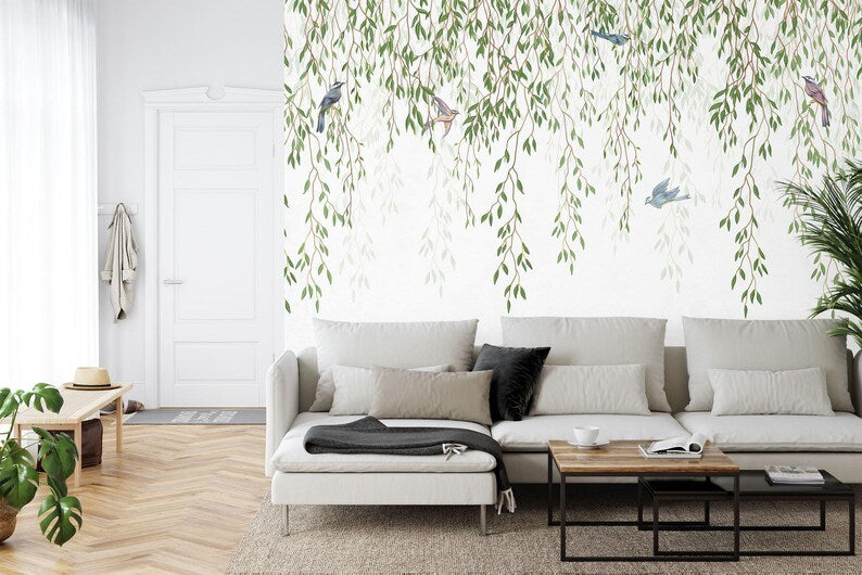 Tropical Leaves Birds Wallpaper Mural, White Background