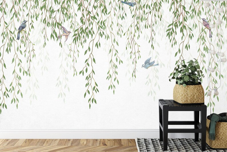 Tropical Leaves Birds Wallpaper Mural, White Background