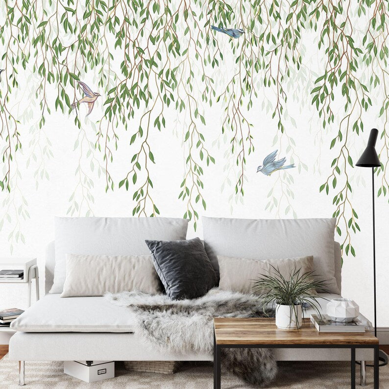 Tropical Leaves Birds Wallpaper Mural, White Background
