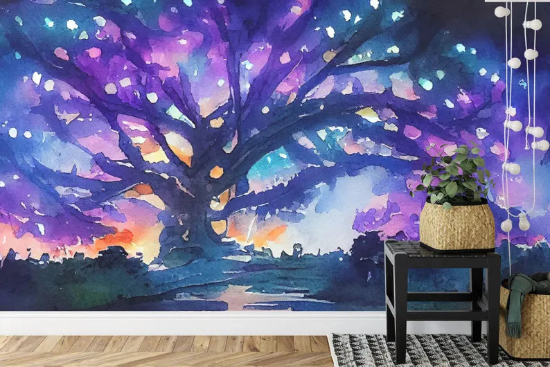 Watercolor Fairy Forest Tree Wallpaper Mural Gift