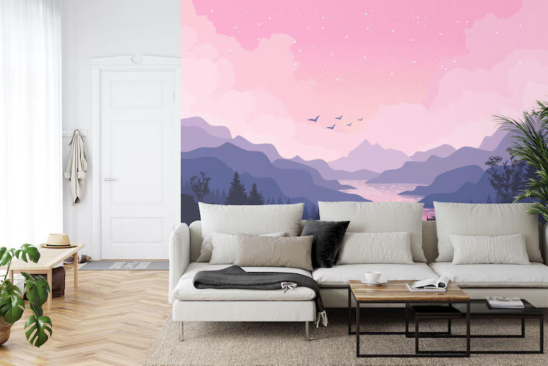 Purple Pink Mountain Landscape Wallpaper Mural