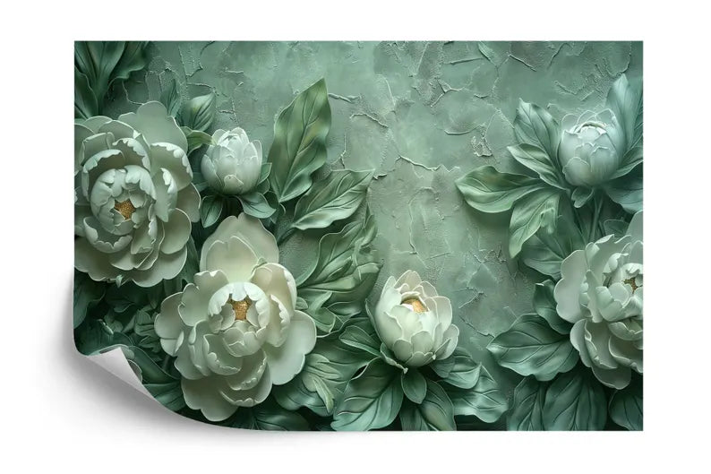 Green Peony Floral Art Mural, Plasterwork Wall Decor