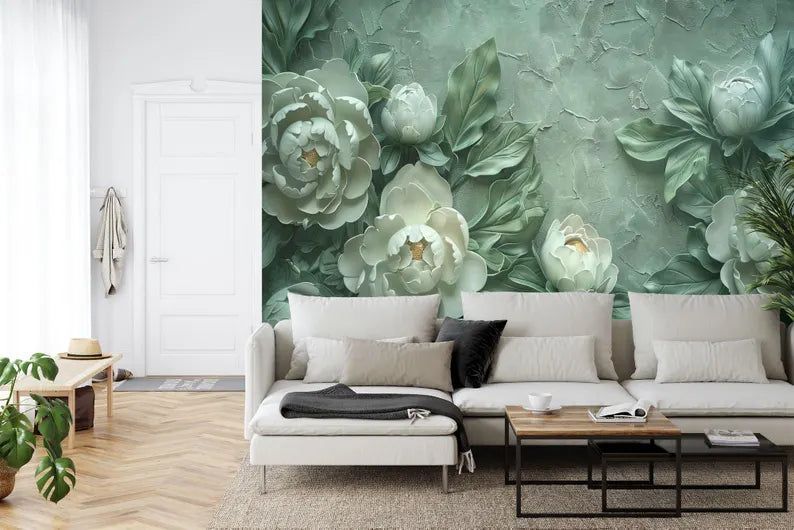 Green Peony Floral Art Mural, Plasterwork Wall Decor