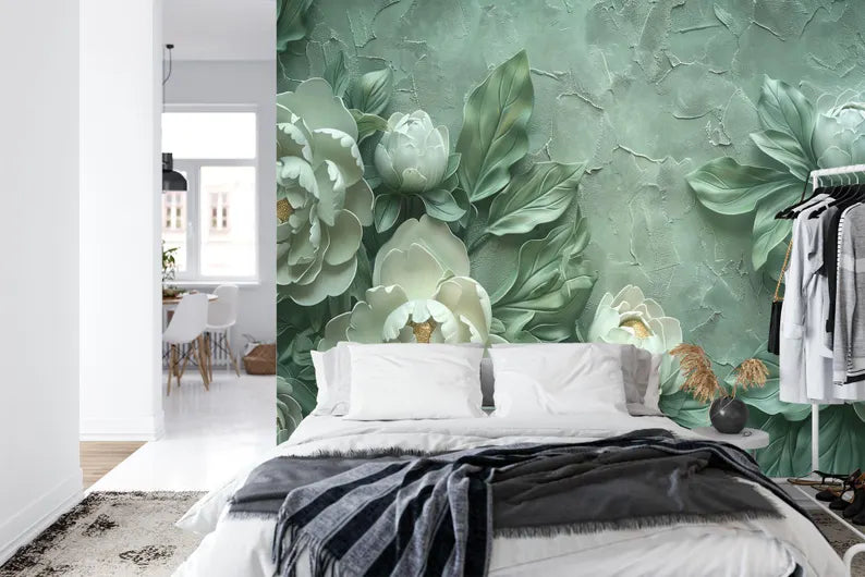 Green Peony Floral Art Mural, Plasterwork Wall Decor