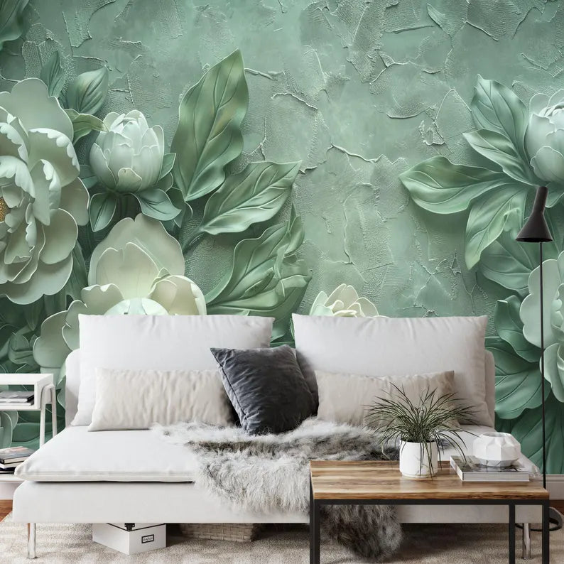 Green Peony Floral Art Mural, Plasterwork Wall Decor