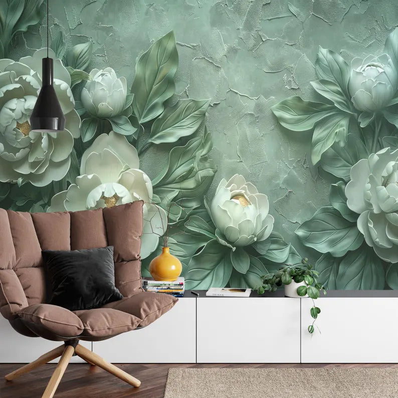 Green Peony Floral Art Mural, Plasterwork Wall Decor