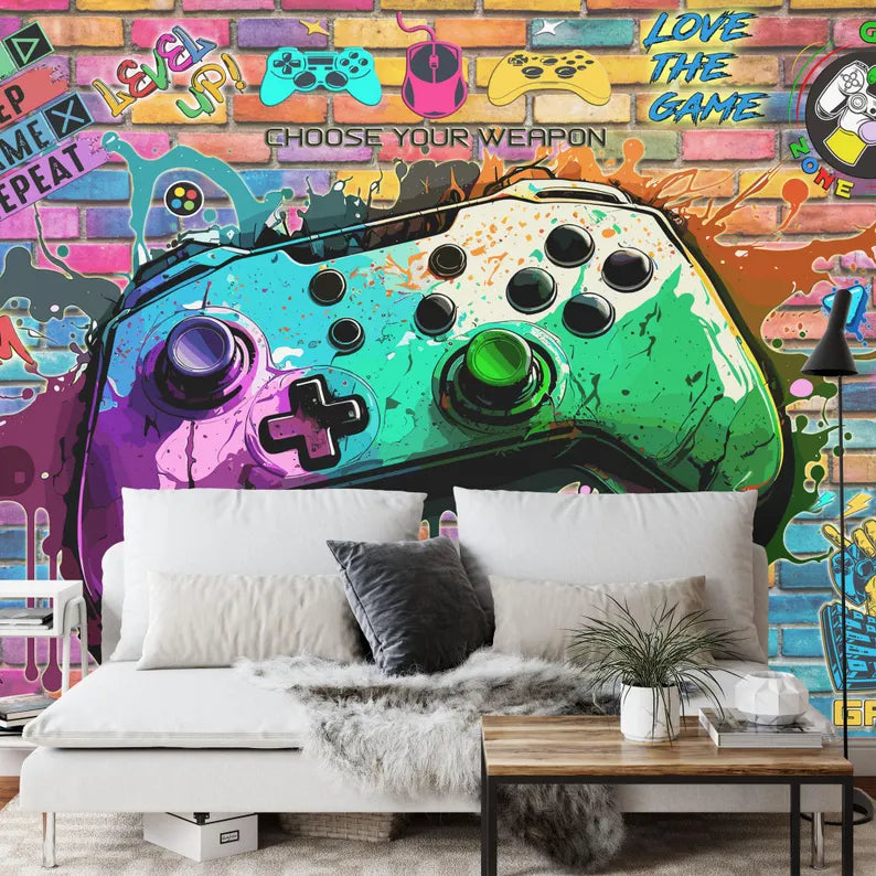 Gaming Room Wallpaper Mural, Graffiti Art Print