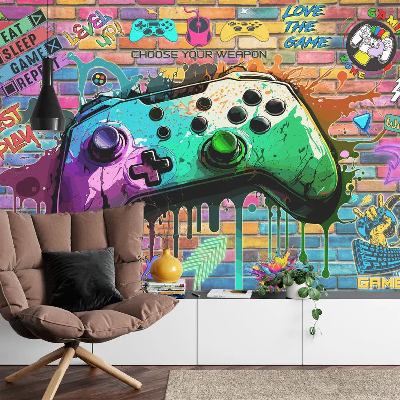 Gaming Room Wallpaper Mural, Graffiti Art Print