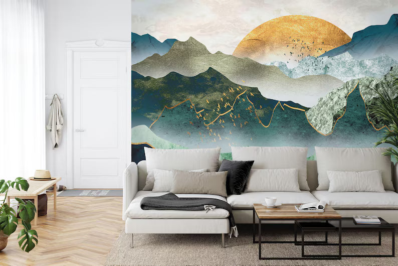 Green Golden Mountain Sunset Wallpaper Mural