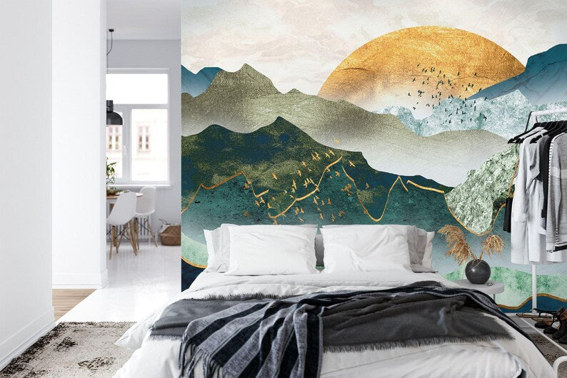 Green Golden Mountain Sunset Wallpaper Mural