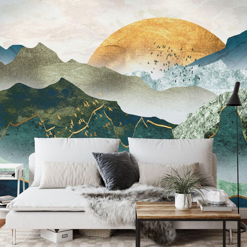 Green Golden Mountain Sunset Wallpaper Mural