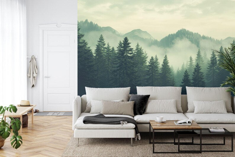 Green Foggy Forest Wallpaper Mural, Gift Art Print