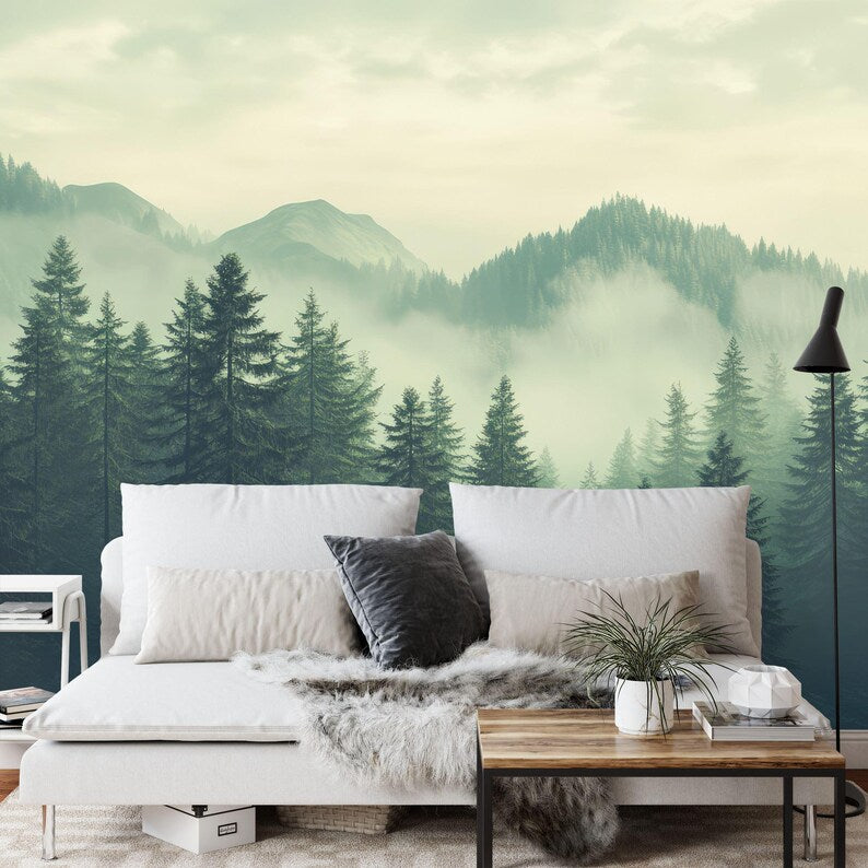 Green Foggy Forest Wallpaper Mural, Gift Art Print