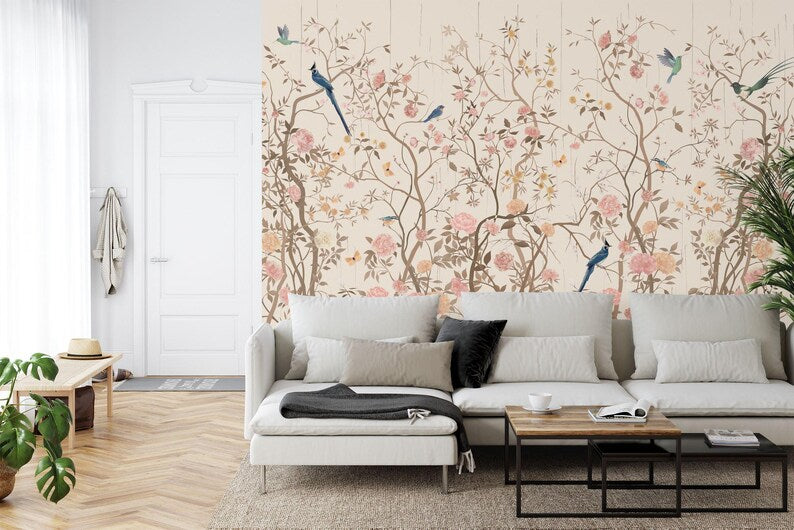 Chinoiserie Floral Wallpaper Mural, China Flower Birds