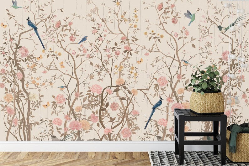 Chinoiserie Floral Wallpaper Mural, China Flower Birds