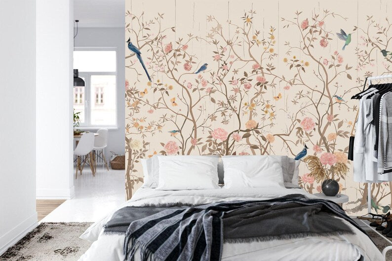 Chinoiserie Floral Wallpaper Mural, China Flower Birds