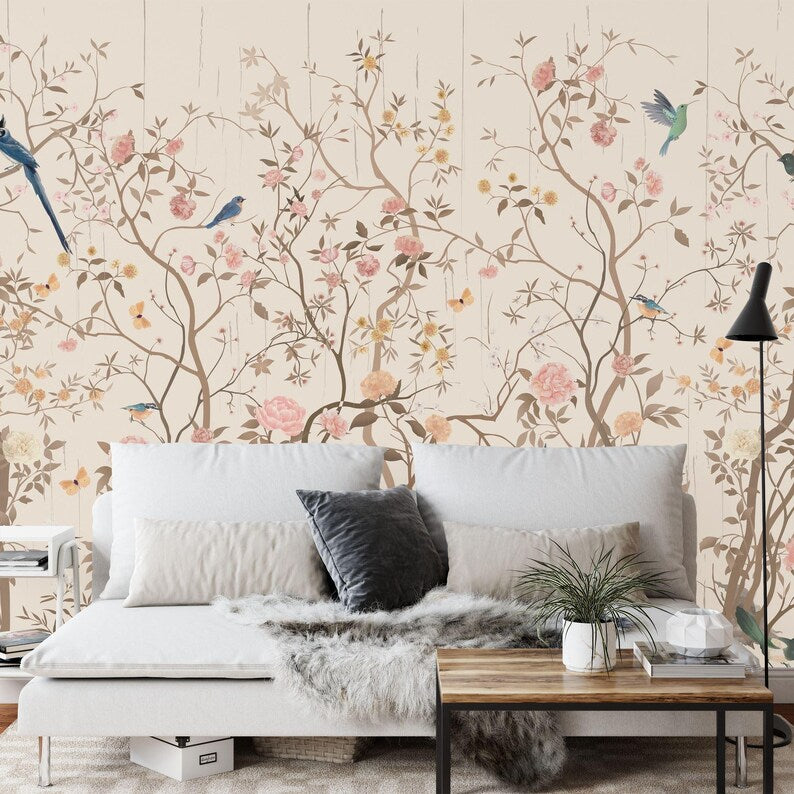 Chinoiserie Floral Wallpaper Mural, China Flower Birds