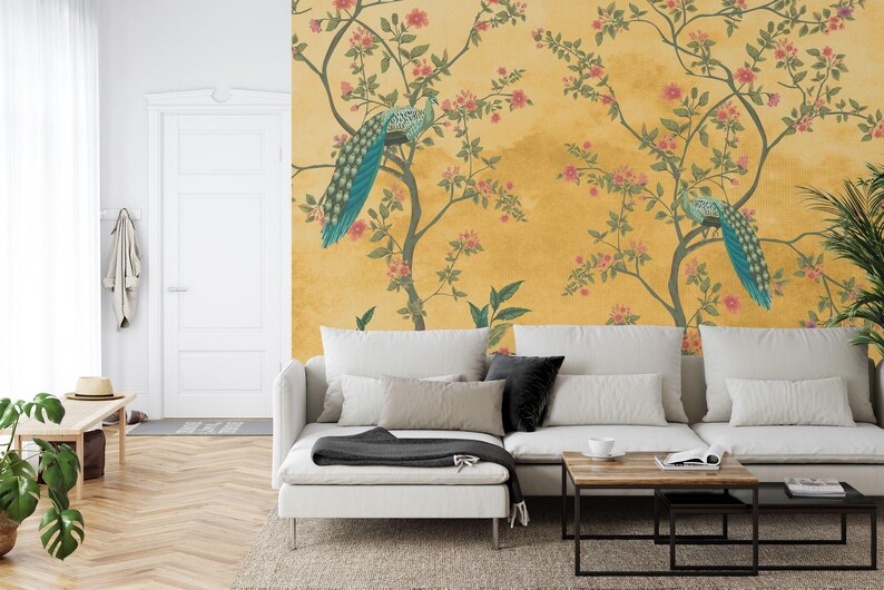 Chinoiserie Peacock Floral Wall Mural Art Print