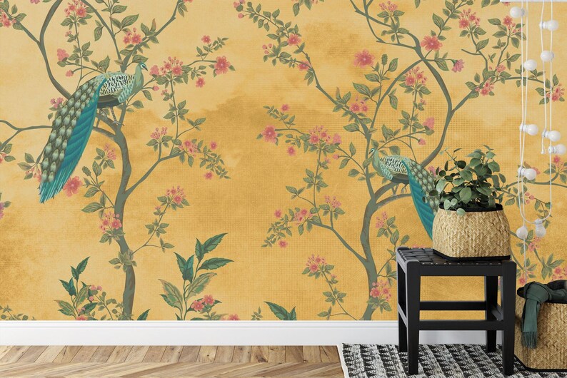 Chinoiserie Peacock Floral Wall Mural Art Print