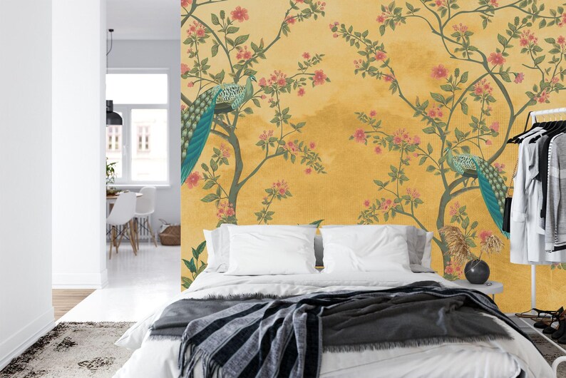 Chinoiserie Peacock Floral Wall Mural Art Print