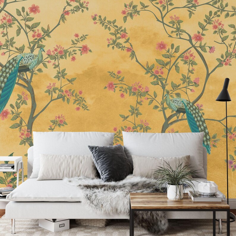 Chinoiserie Peacock Floral Wall Mural Art Print