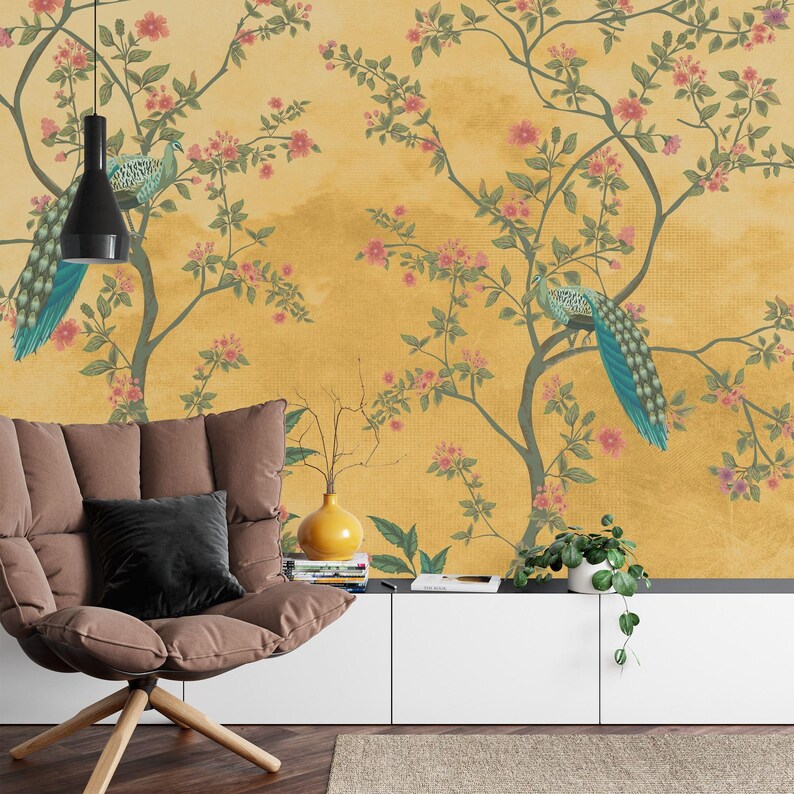 Chinoiserie Peacock Floral Wall Mural Art Print