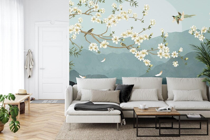 Chinoiserie Floral Wallpaper Mural, Birds and Flowers