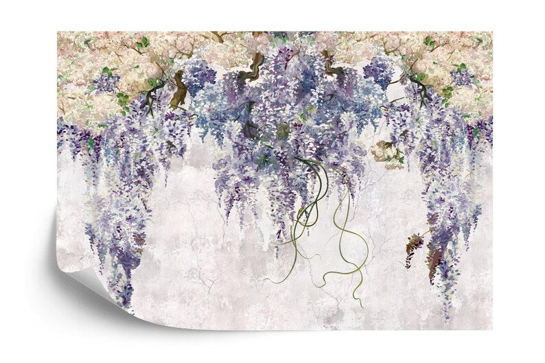 Lilac Floral Wallpaper Mural, Vintage Purple Flowers Gift
