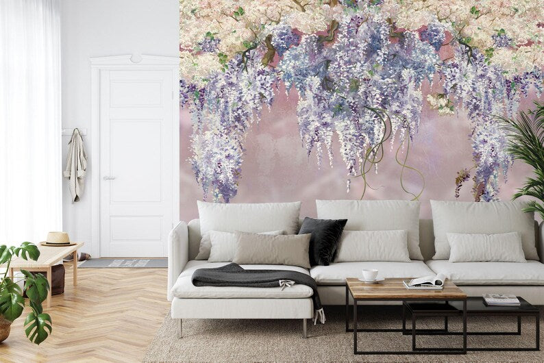 Lilac Floral Wallpaper Mural, Purple Flowers Art Print