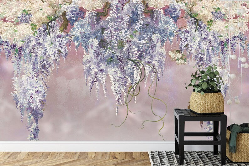 Lilac Floral Wallpaper Mural, Purple Flowers Art Print