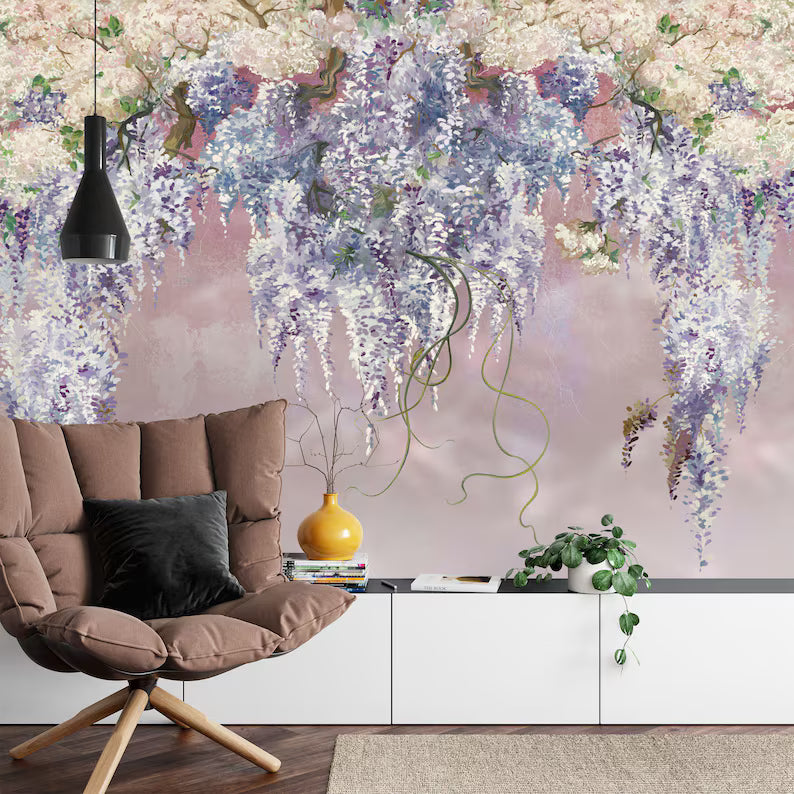 Lilac Floral Wallpaper Mural, Purple Flowers Art Print