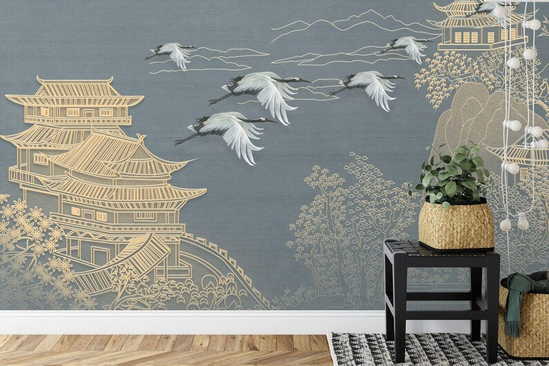 Japanese Chinoiserie Flying Cranes Wallpaper Mural